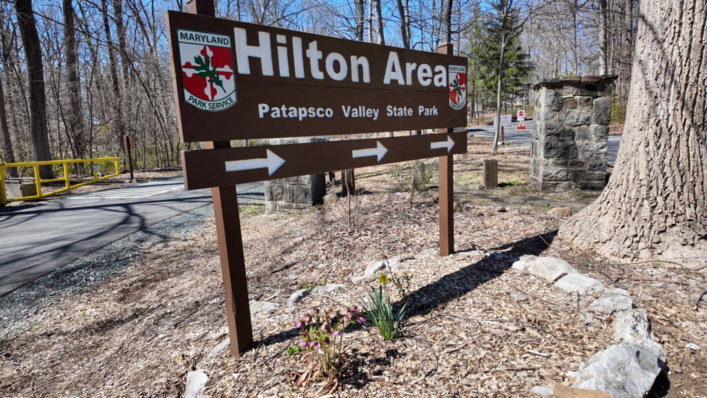 sign for Hilton Area of Patapsco Valley State Park in Catonsville, MD